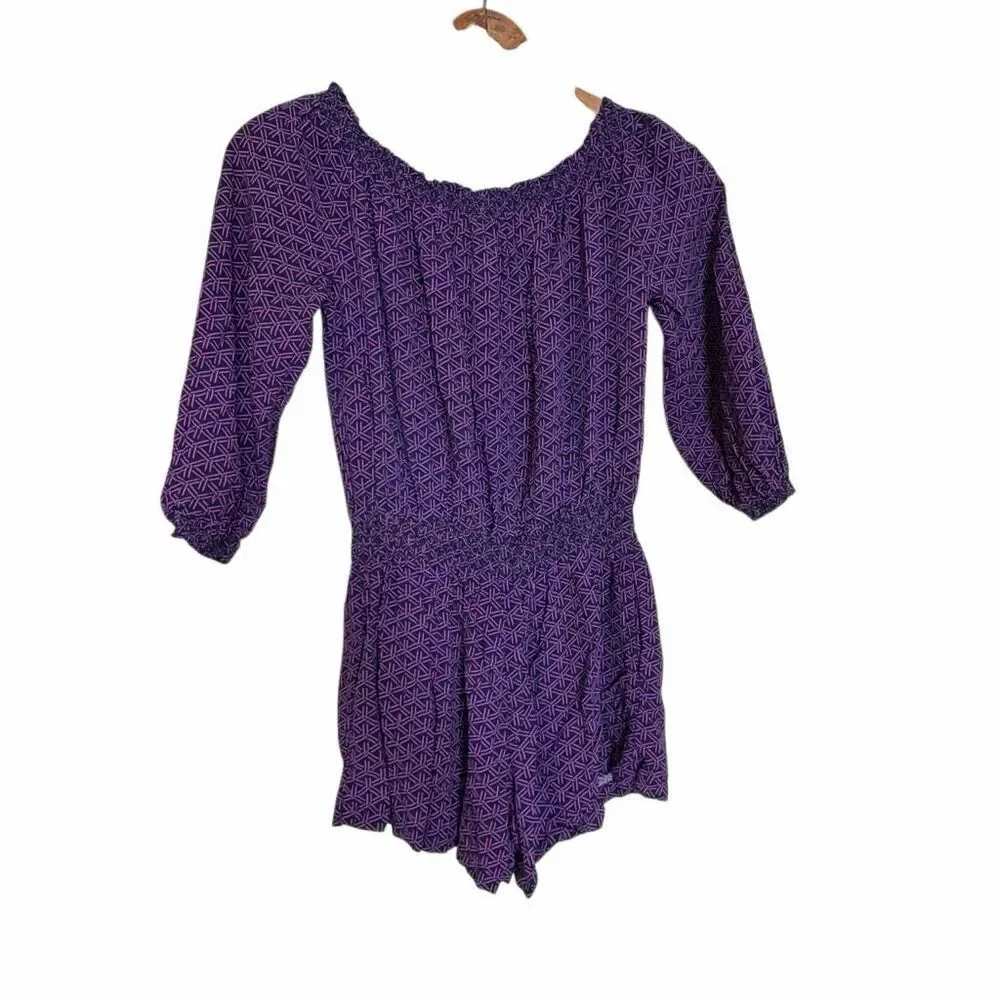 Banana Republic Geometric 3/4 Sleeve Off The Shoulder Short Romper Blue Pink XS - Picture 8 of 8